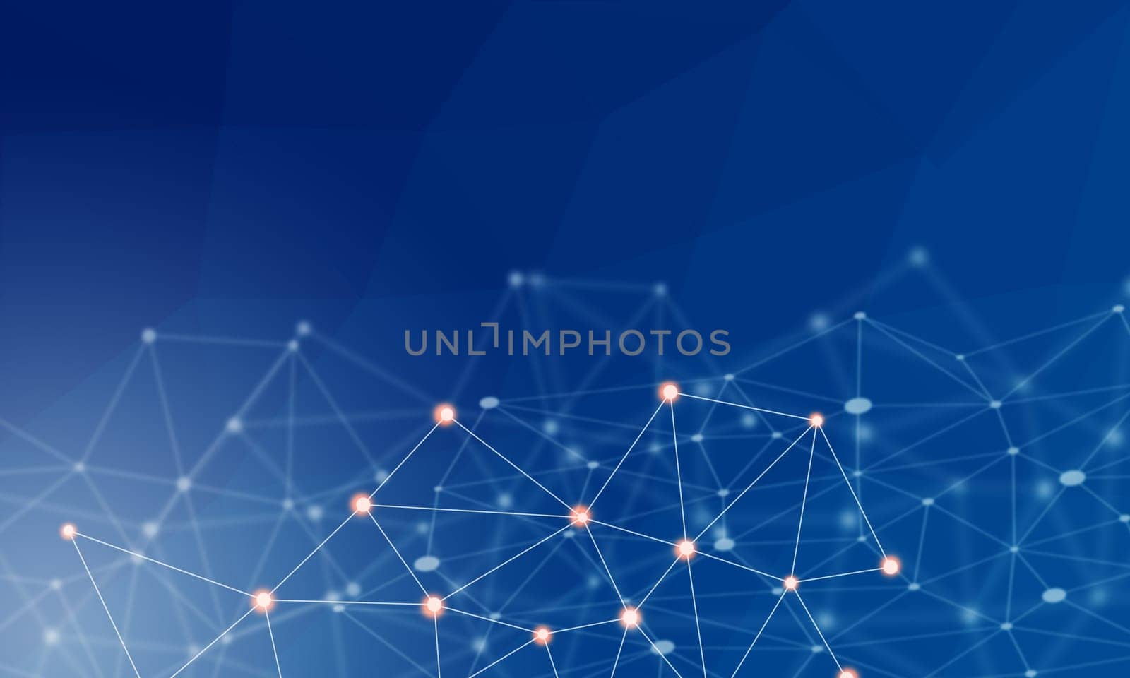 Technology background concept, Abstract connected line dots network on bright polygon blue blurred background.