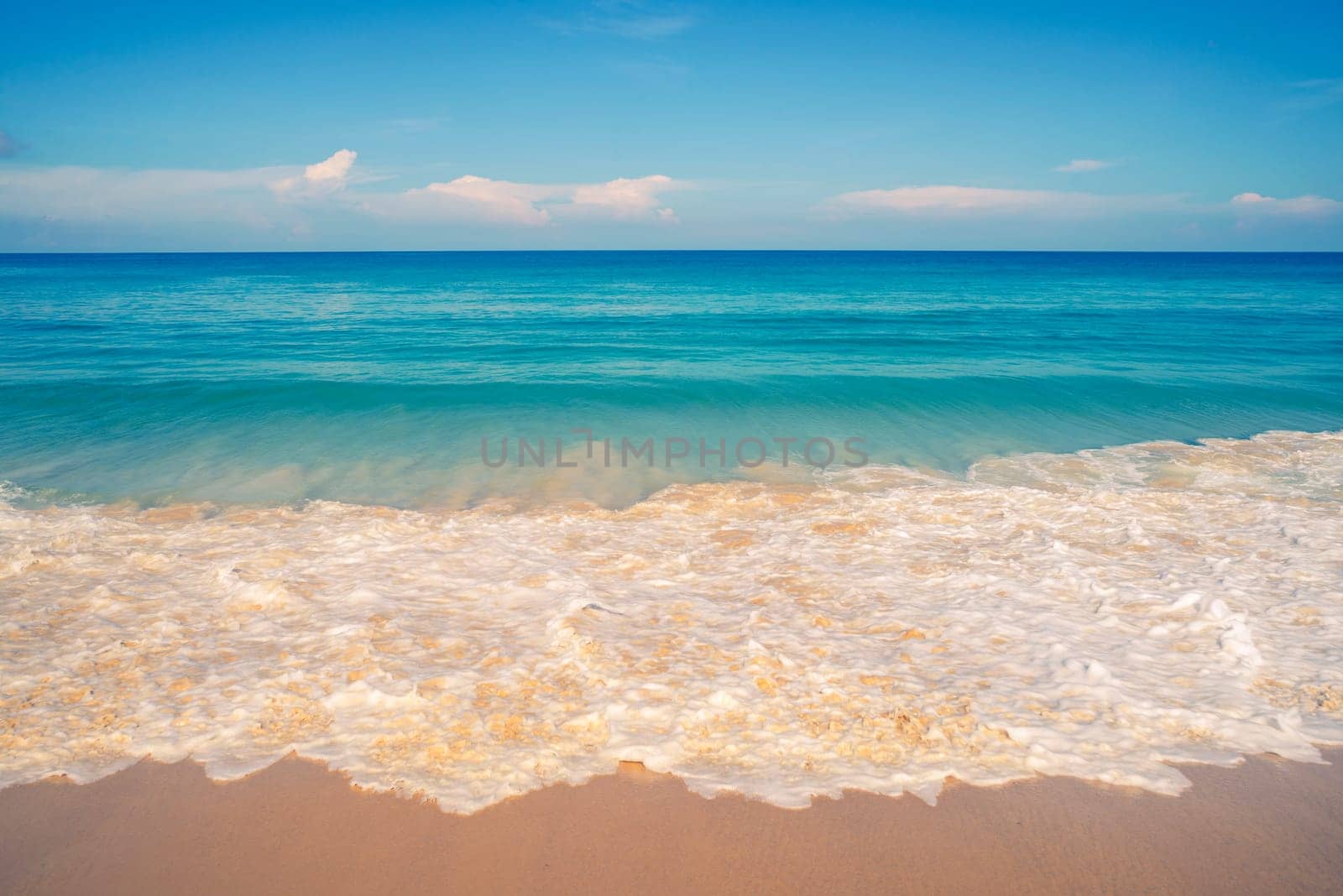 Summer and relax concept, Blue sea with beach sand landscape nature in blue sky sunshine day, Pastel color style