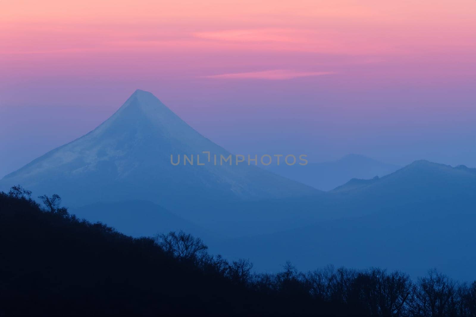 View of landscape nature and mountain with sunlight and sunset or sunrise in twilight, Ai Generate