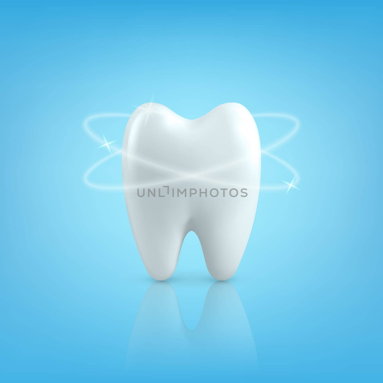 Vector 3d Realistic Tooth. Dental Inspection Banner, Plackard. Tooth Icon Closeup on Blue Background. Medical, Dentist Design Template. Dental Health Concept.