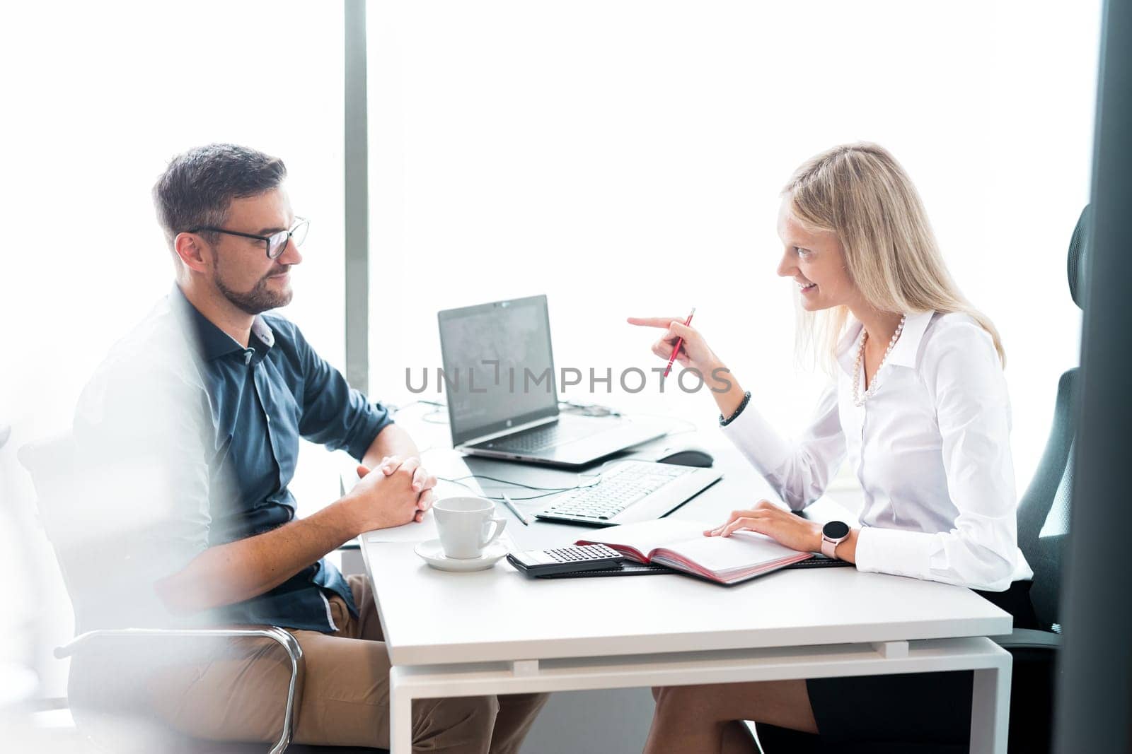 Business meeting. Client consulting. Confident business woman, real estate agent, financial advisor explaining details of project or financial product to client in office