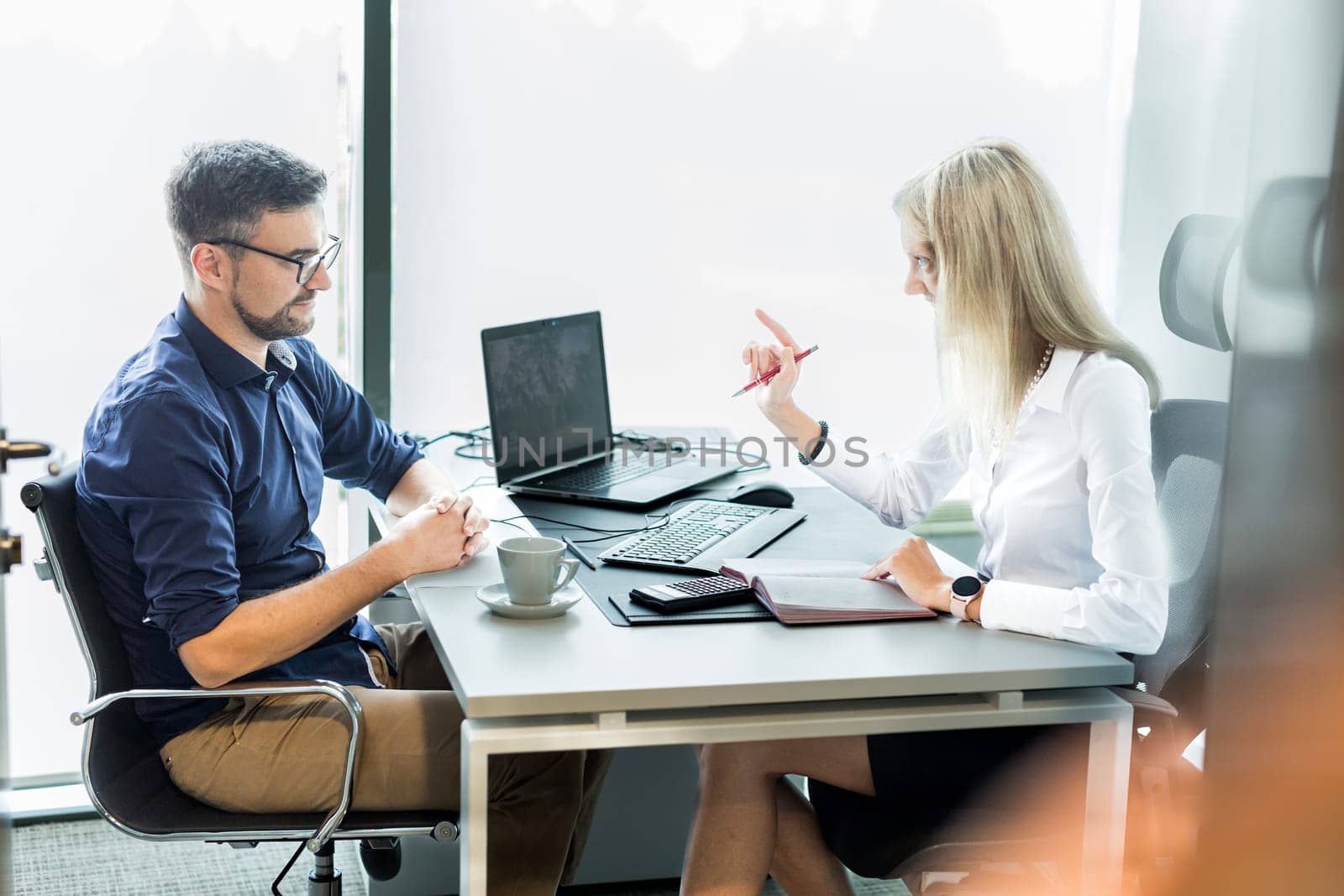 Business meeting. Client consulting. Confident business woman, real estate agent, financial advisor explaining details of project or financial product to client in office