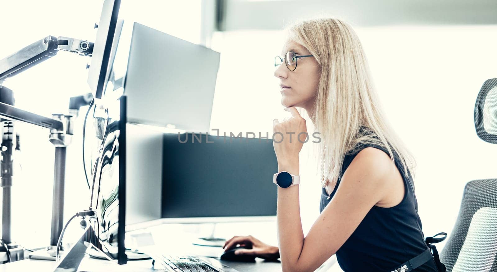 Female financial assets manager, trading online, watching charts and data analyses on multiple computer screens. Modern corporate business woman concept.