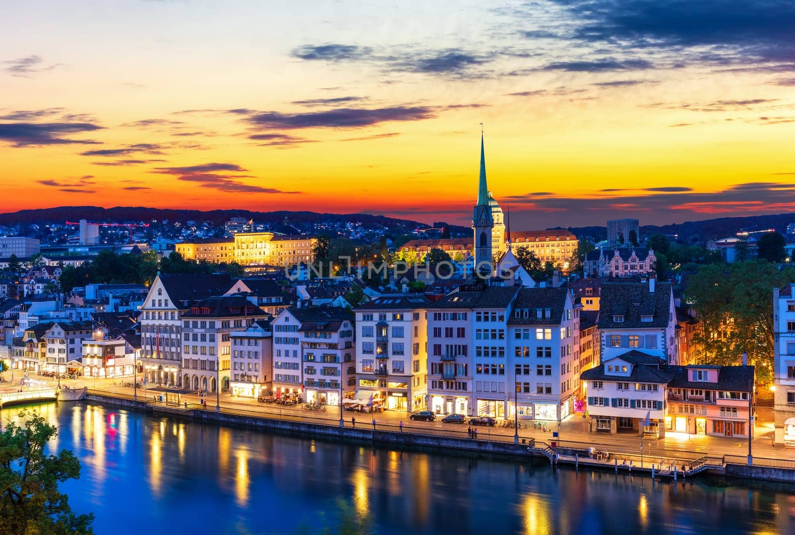 Skyline panorama on the downtown of Zurich night view, Switzerland.