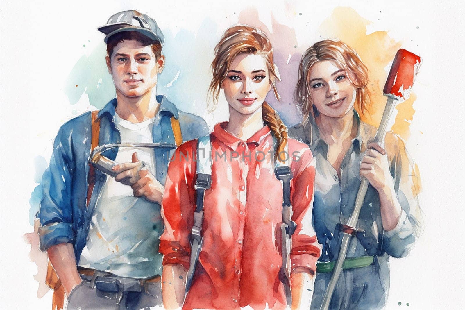 Group of teens with tools, apprentice for a job, learning new skills, generative AI