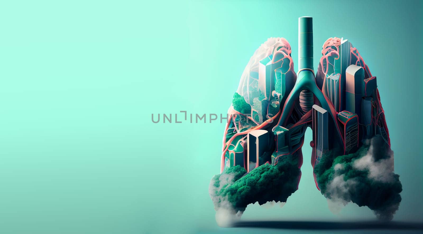 Green lung with forest and city, trees for fresh healthy breathing air, environment concept, connect to nature, generative AI