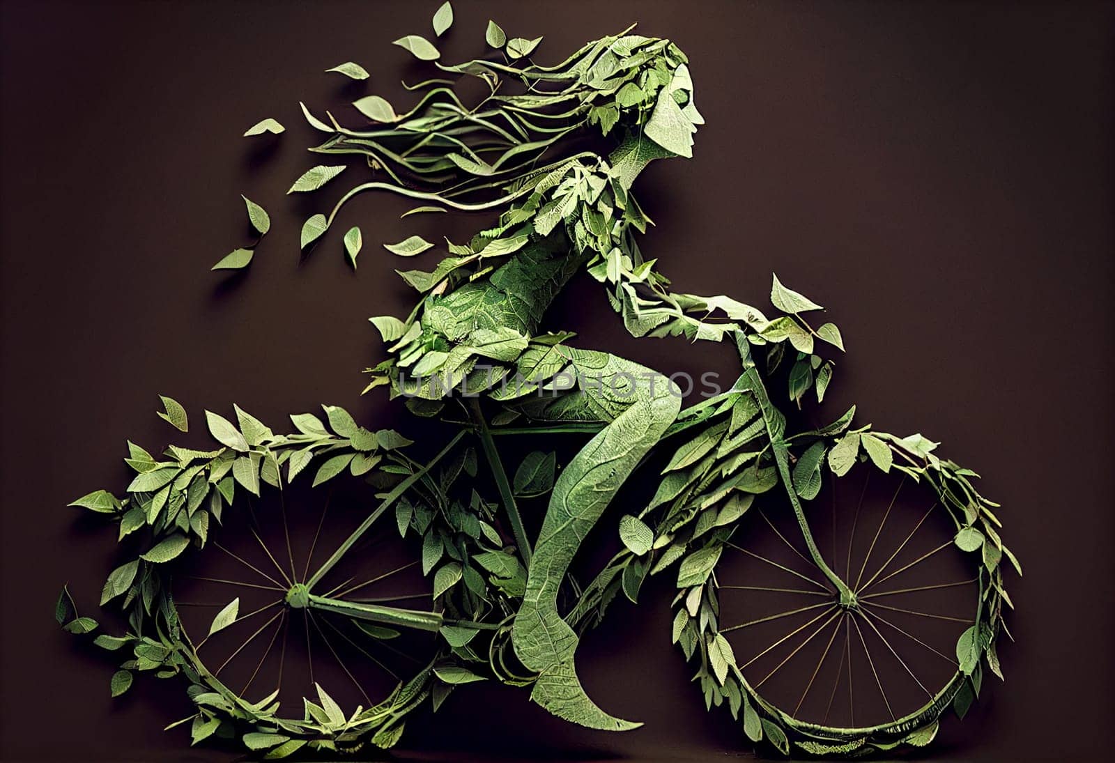 Woman riding a bike covered with green leaves, eco and environment concept, sustainable transport and travel, bicycle day, generative AI