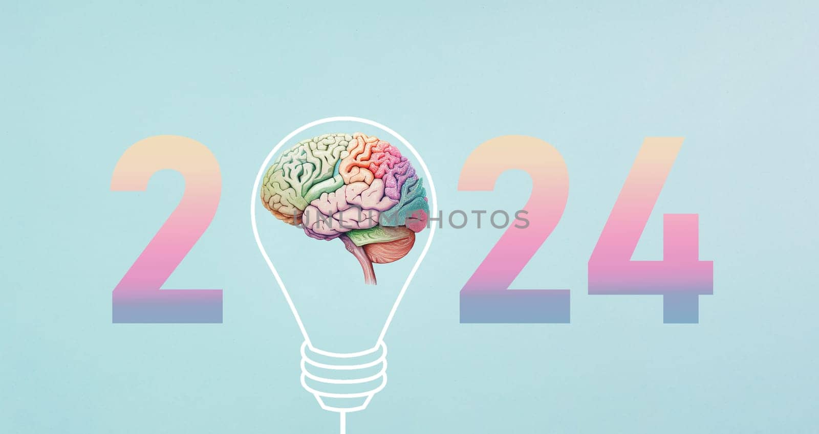 New Year 2024 with a light bulb, new idea, being innovative, starting a business, eduaction goal, resoltutions in progress, AI used for brain