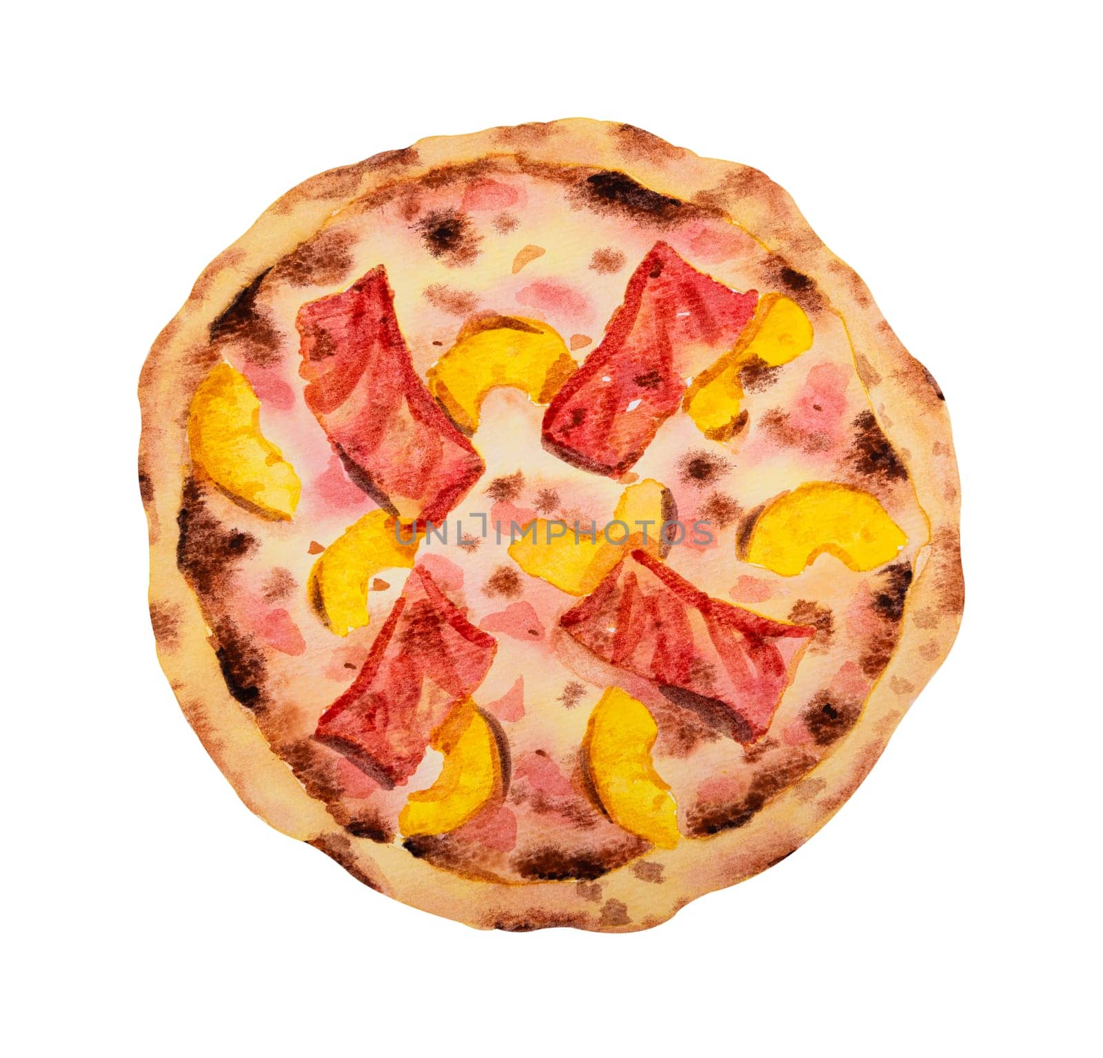 Pizza with prosciutto parma ham and pineapple. Watercolor hand drawn illustration isolated on white background.