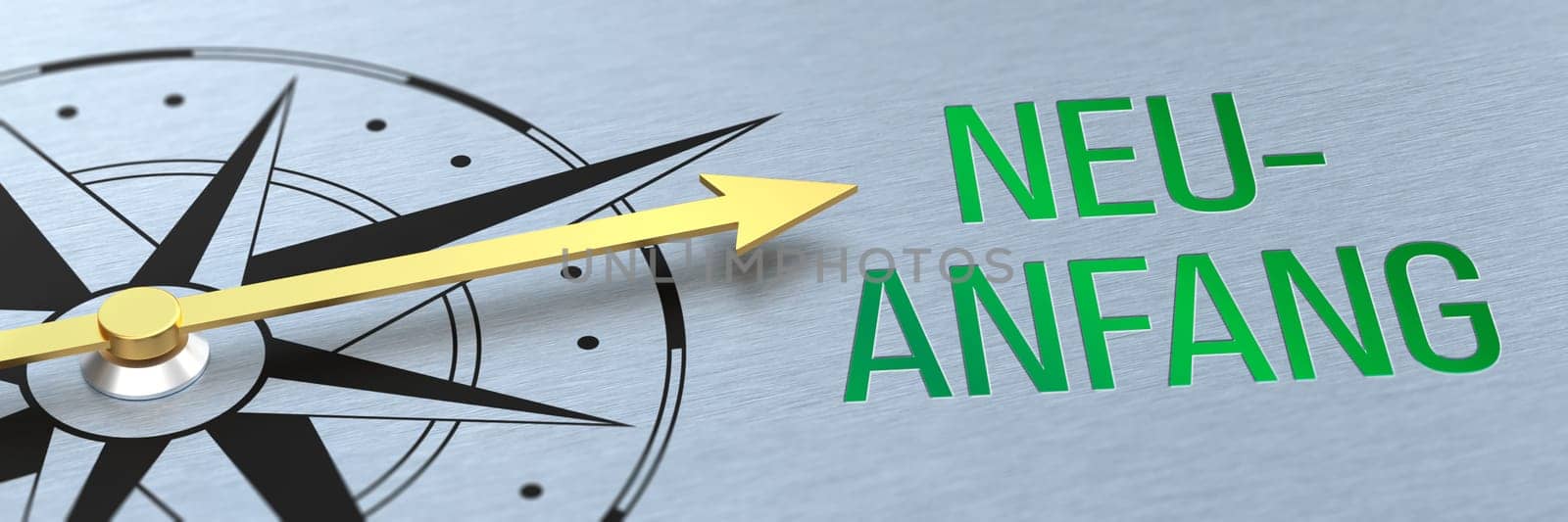 Compass needle pointing to the words New start in german - Neuanfang - 3d rendering