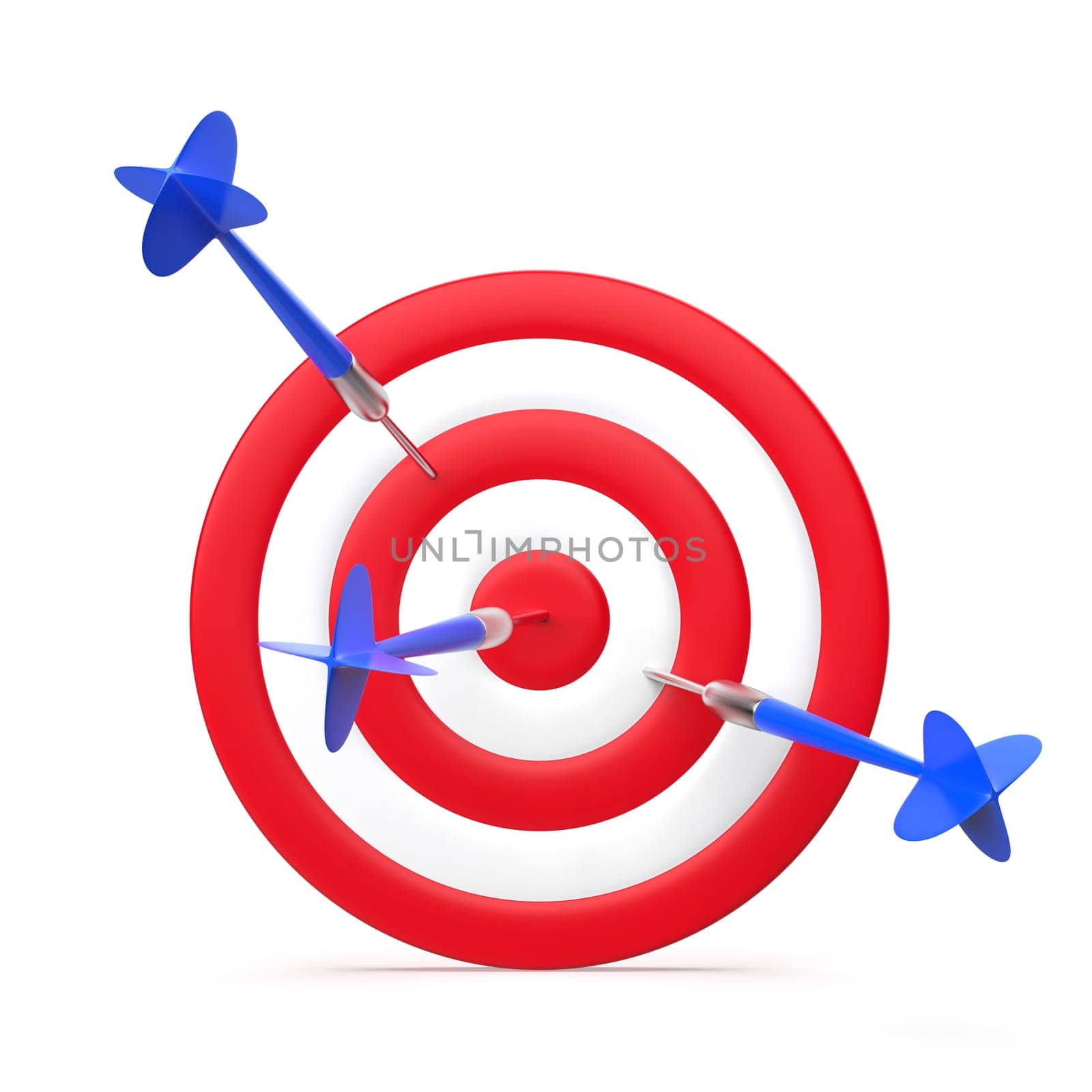 Concept image with three darts hitting the dartboard, one succesfully in the center