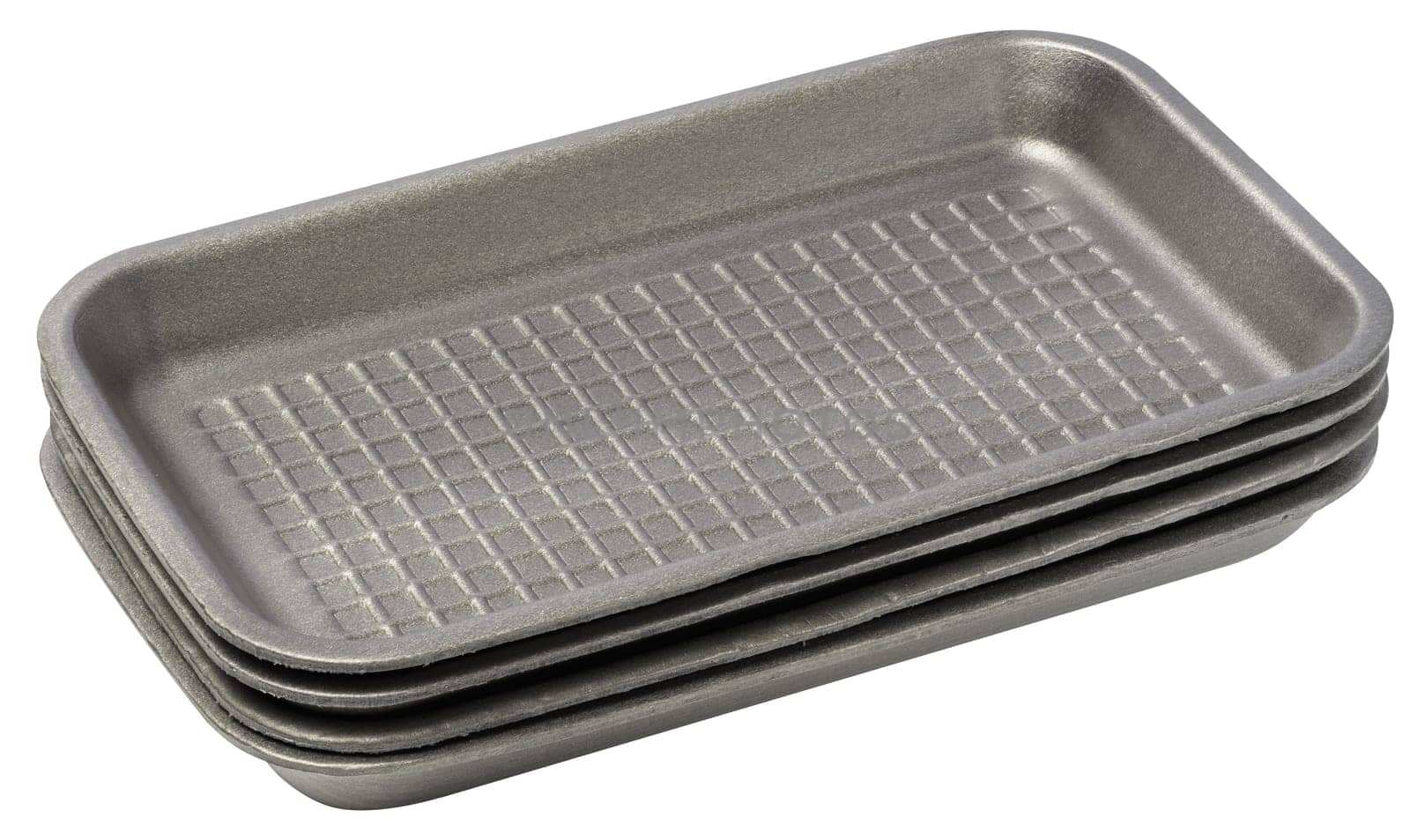 Disposable polystyrene foam rectangular plate for packaging vegetables and meat on a white isolated background