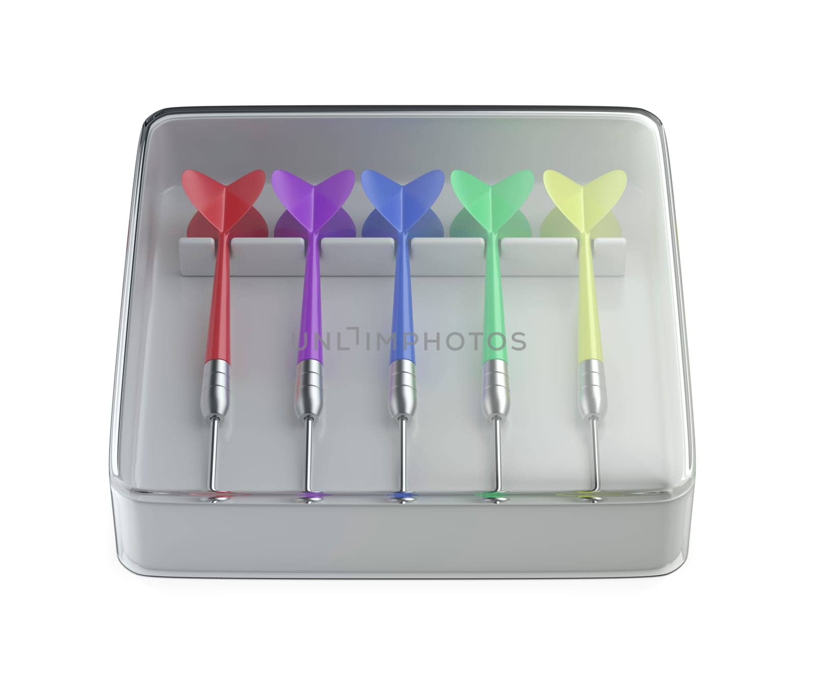 Transparent plastic box with five colorful darts on white background