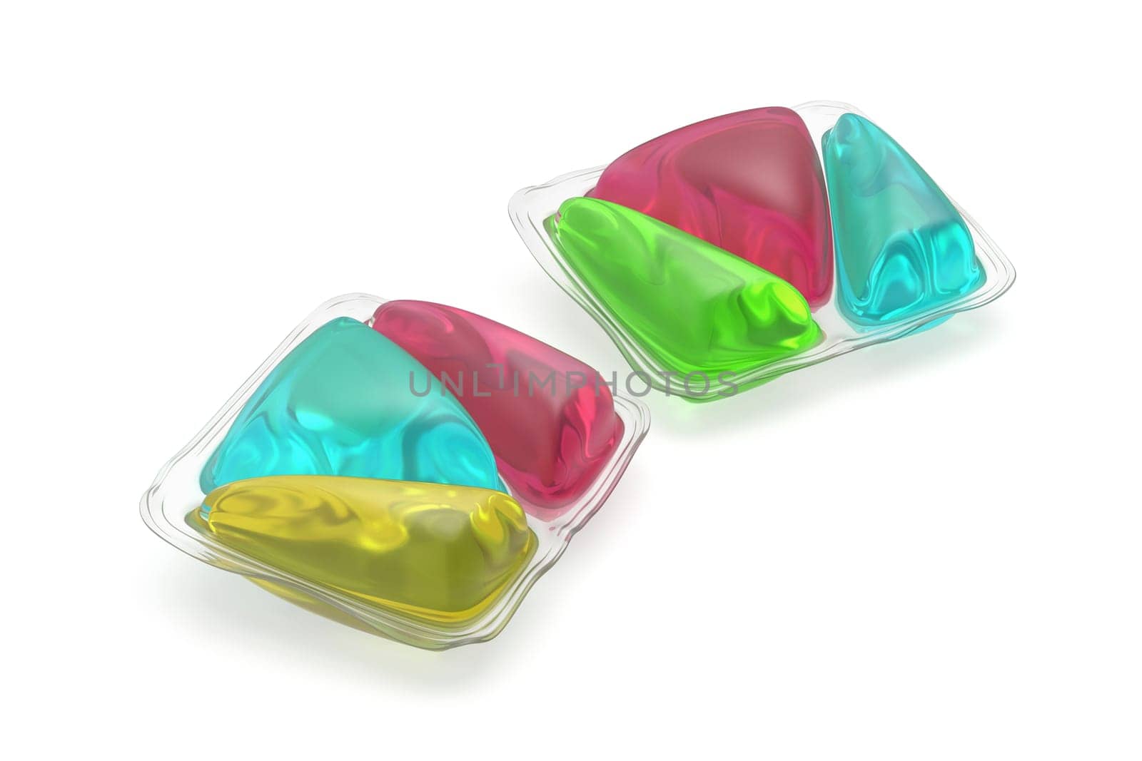 Colorful dishwashing pods on white background