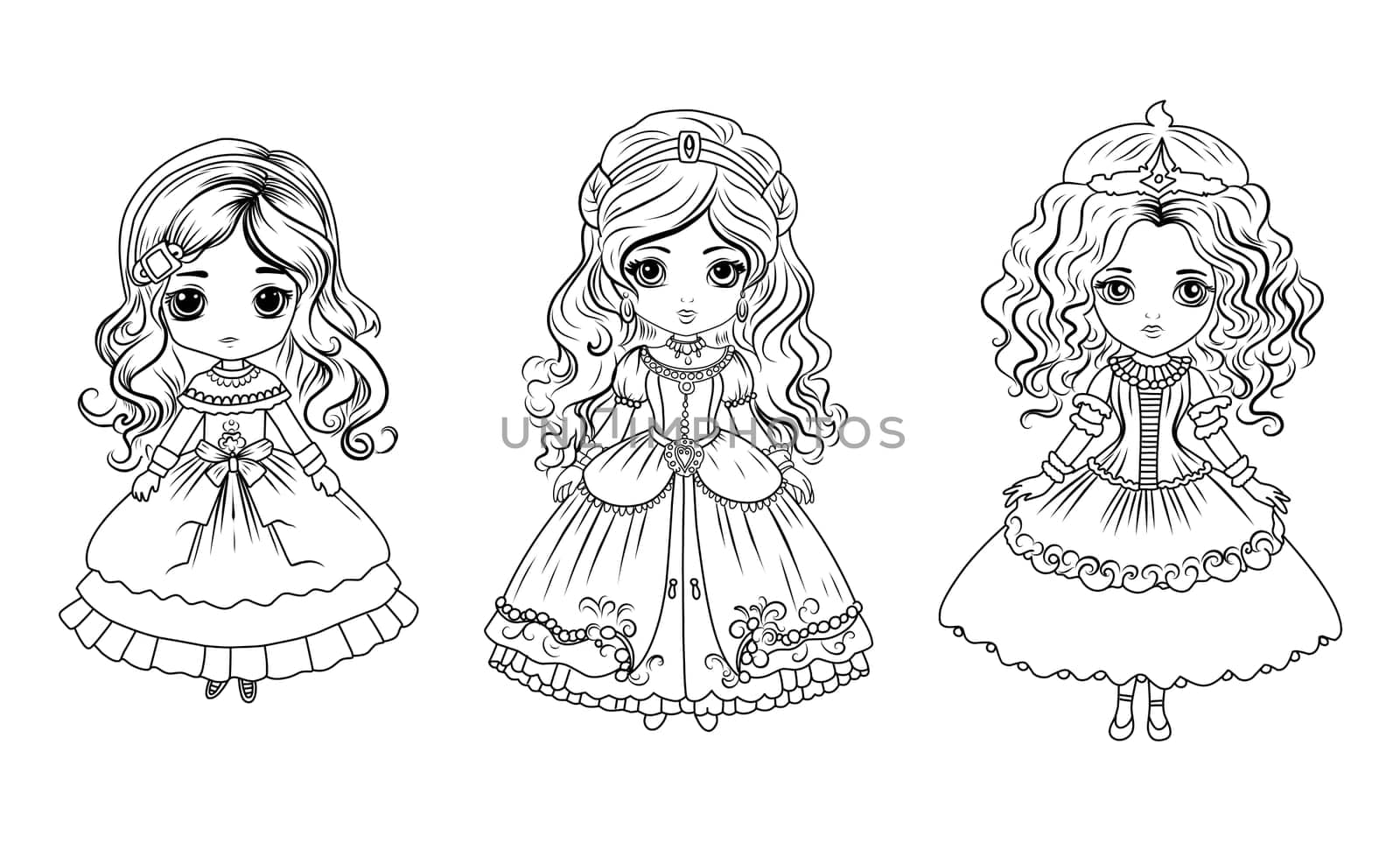 Coloring princess in a ball gown. Coloring book for girls. Dolls in beautiful dresses