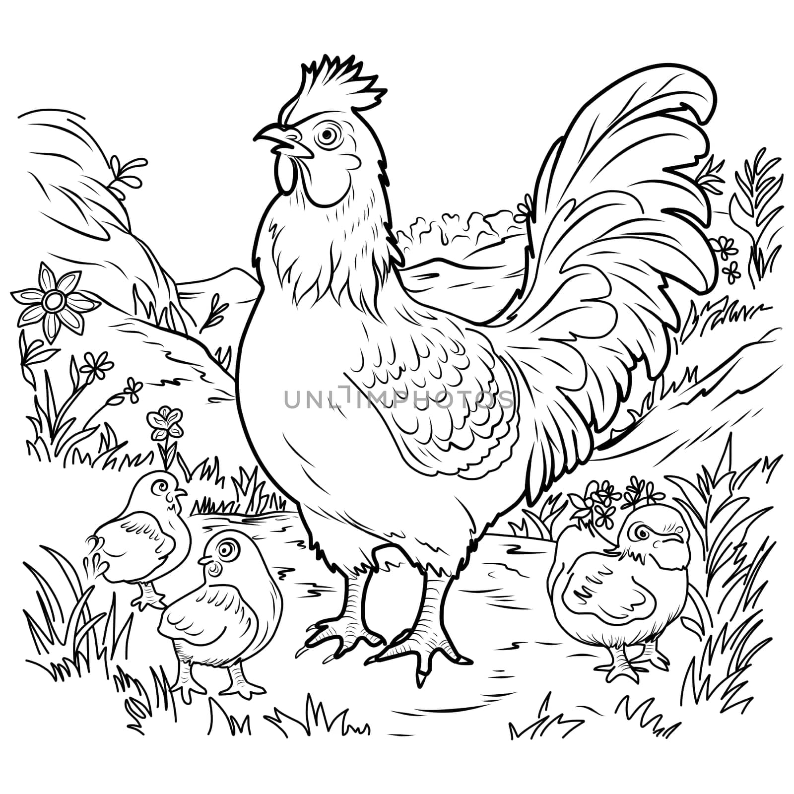 Bird farm coloring page. Hens and chicks linear illustration for coloring