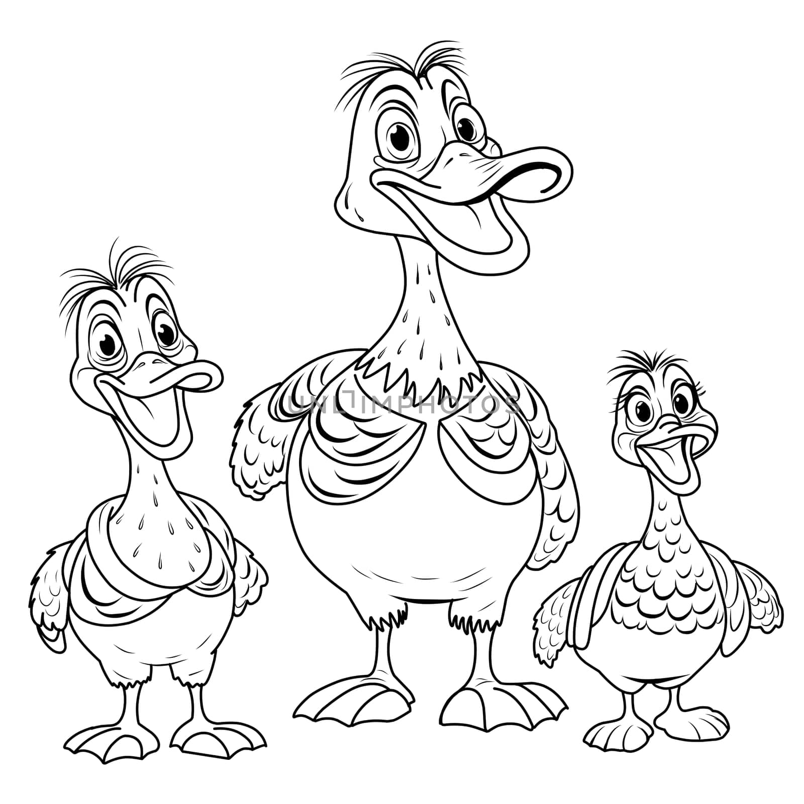Duck coloring page. cartoon ducklings linear illustration for coloring
