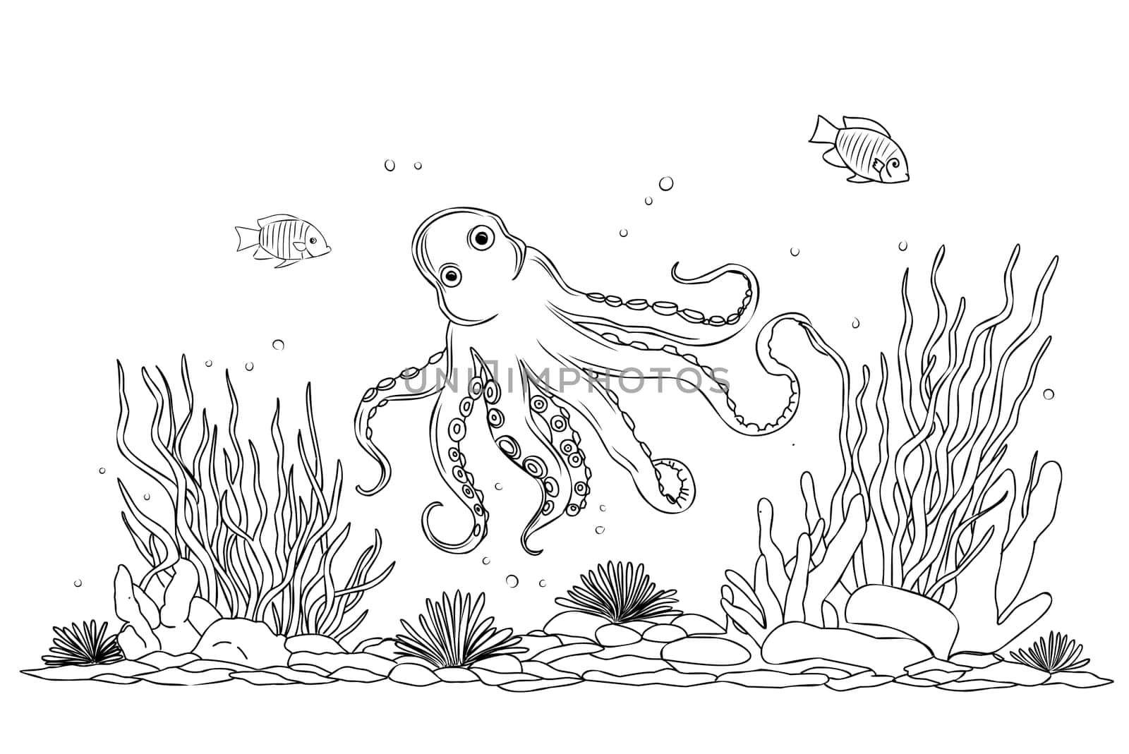 Coloring book octopus.Coloring page life in the ocean with algae