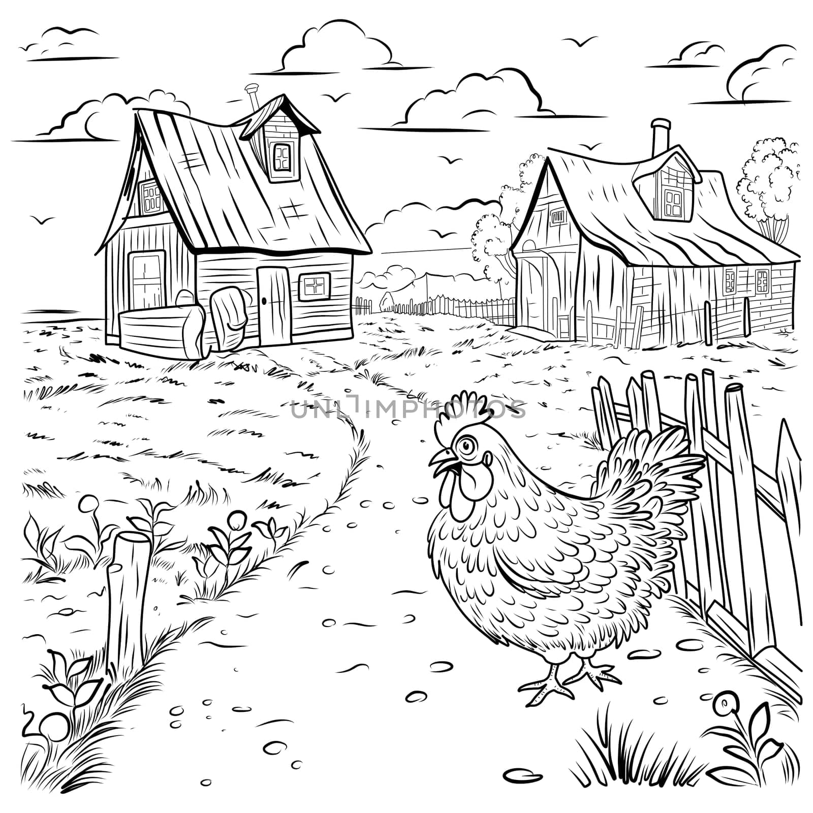Bird farm coloring page. Hens and chicks linear illustration for coloring