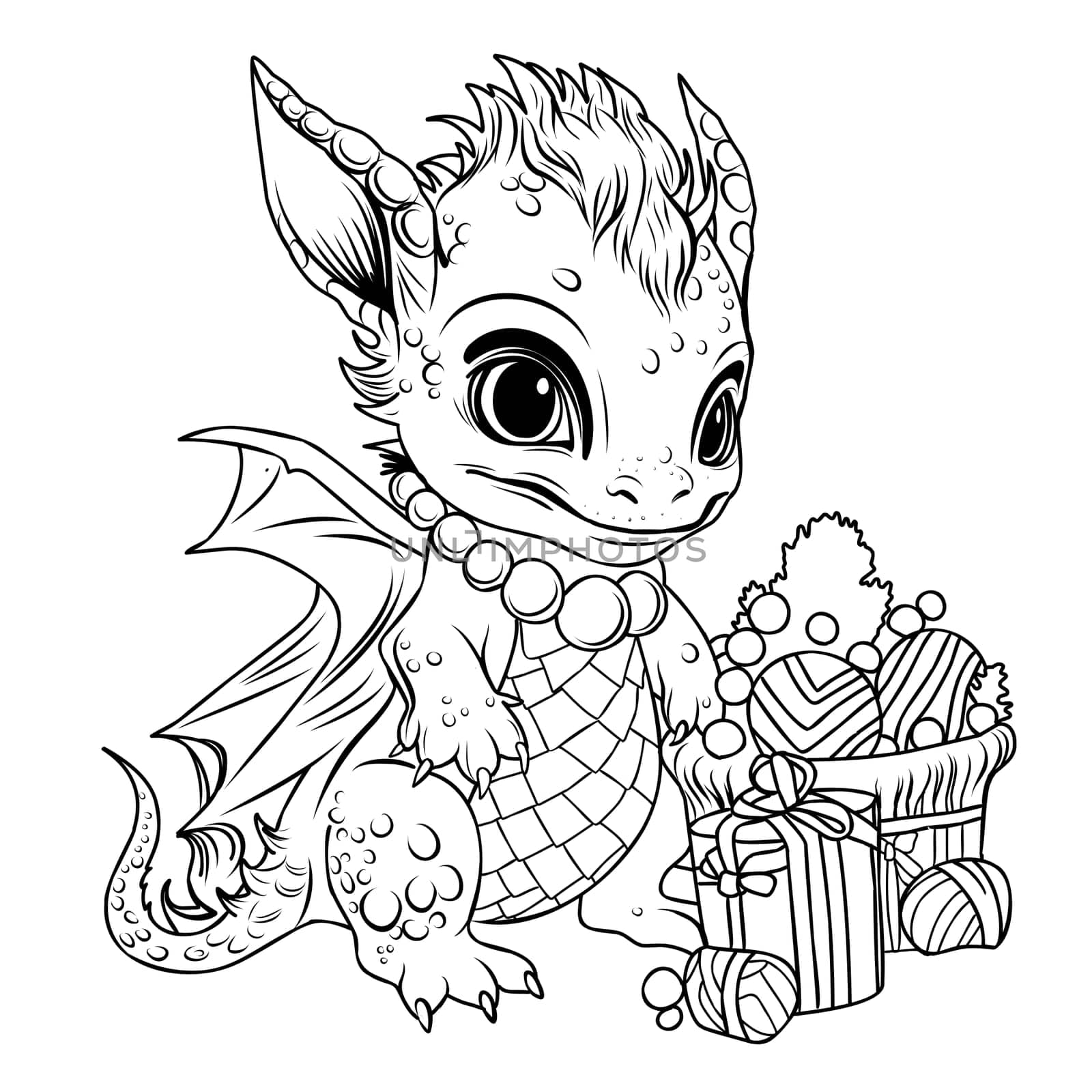 Symbol of 2024 dragon year.Coloring page of cute baby dragon with gifts and garland