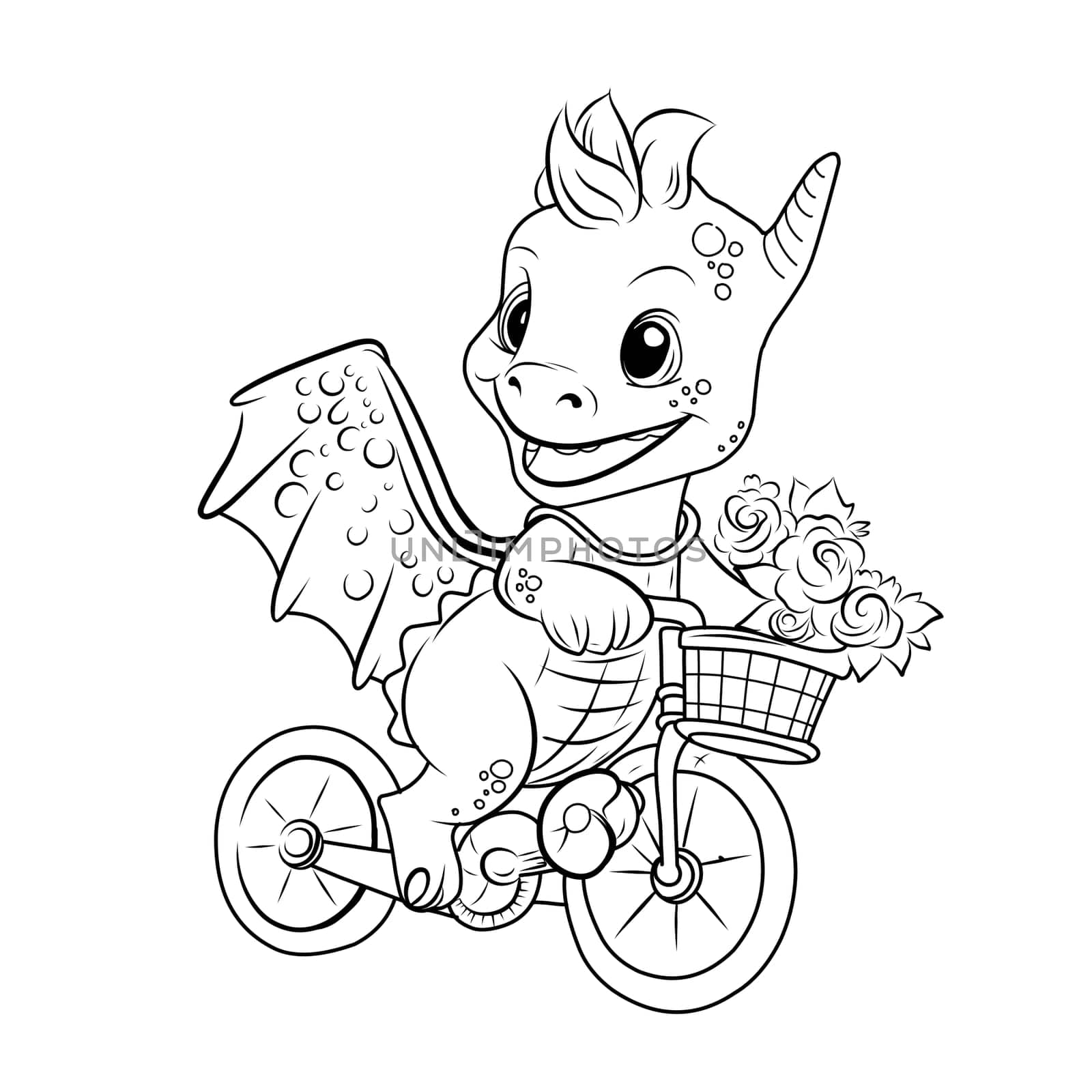 COLORING PAGE dragon on bike kid. Dragon cute funny character linear illustration childrens for coloring