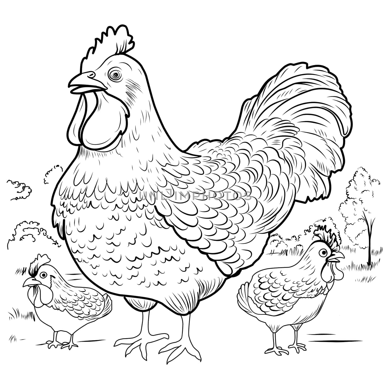 COLORING PAGE chicken with chicks. hen laying hen cute funny character linear illustration childrens for coloring.Bird farm