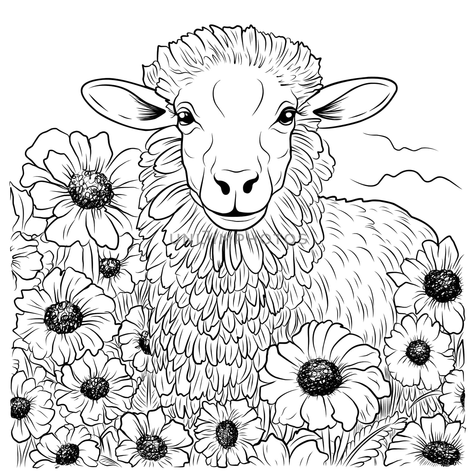 COLORING PAGE sheep. Sheep cute funny character linear illustration childrens for coloring. Sheep farm