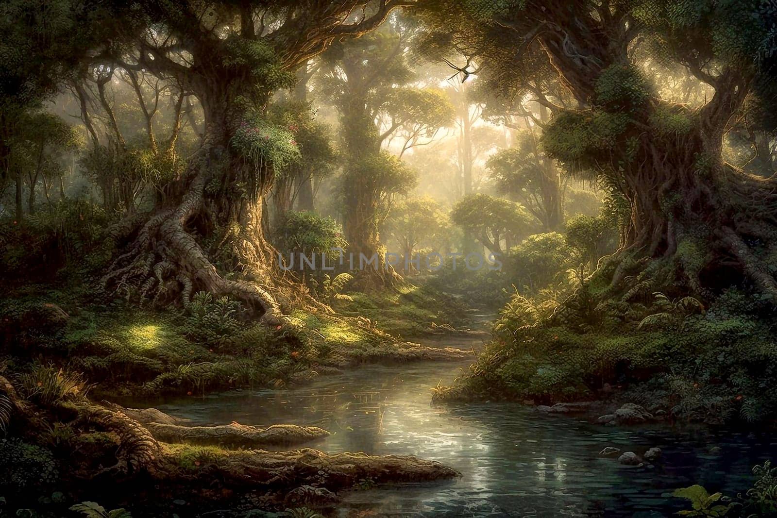 Beautiful forest. old trees. The stream flows in the forest. Wildlife scene. AI illustration.