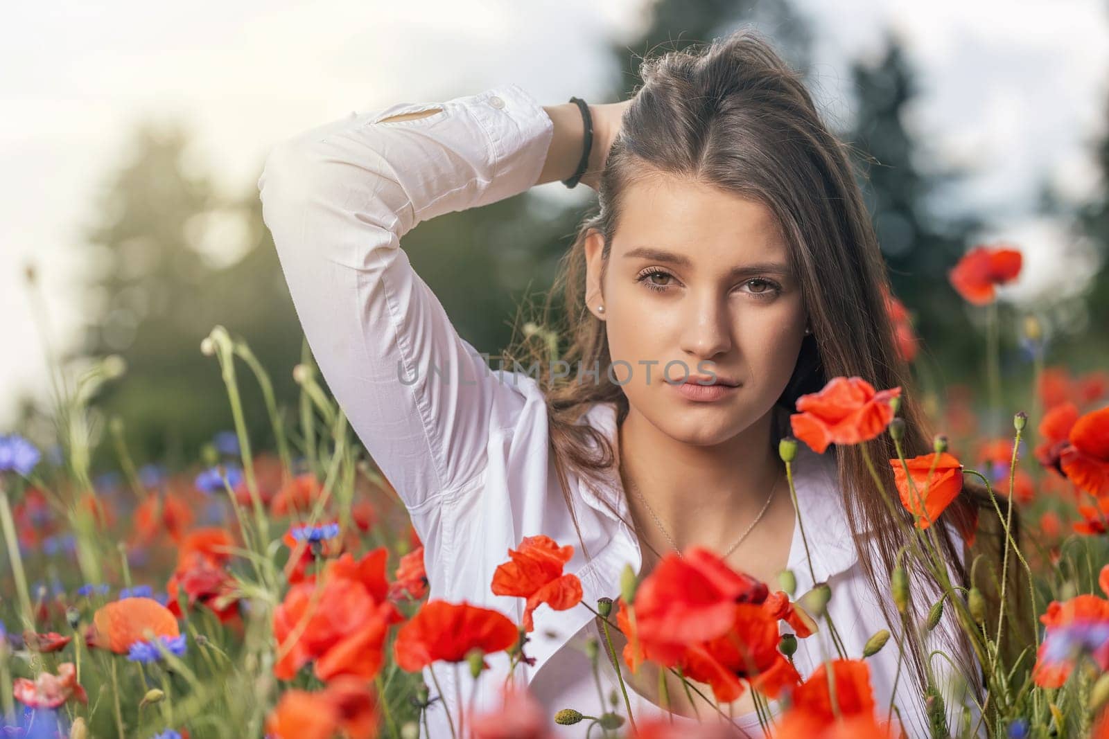 Atractive brunette girl with hand in her hair is posing in a red poppies field. Horizontally.