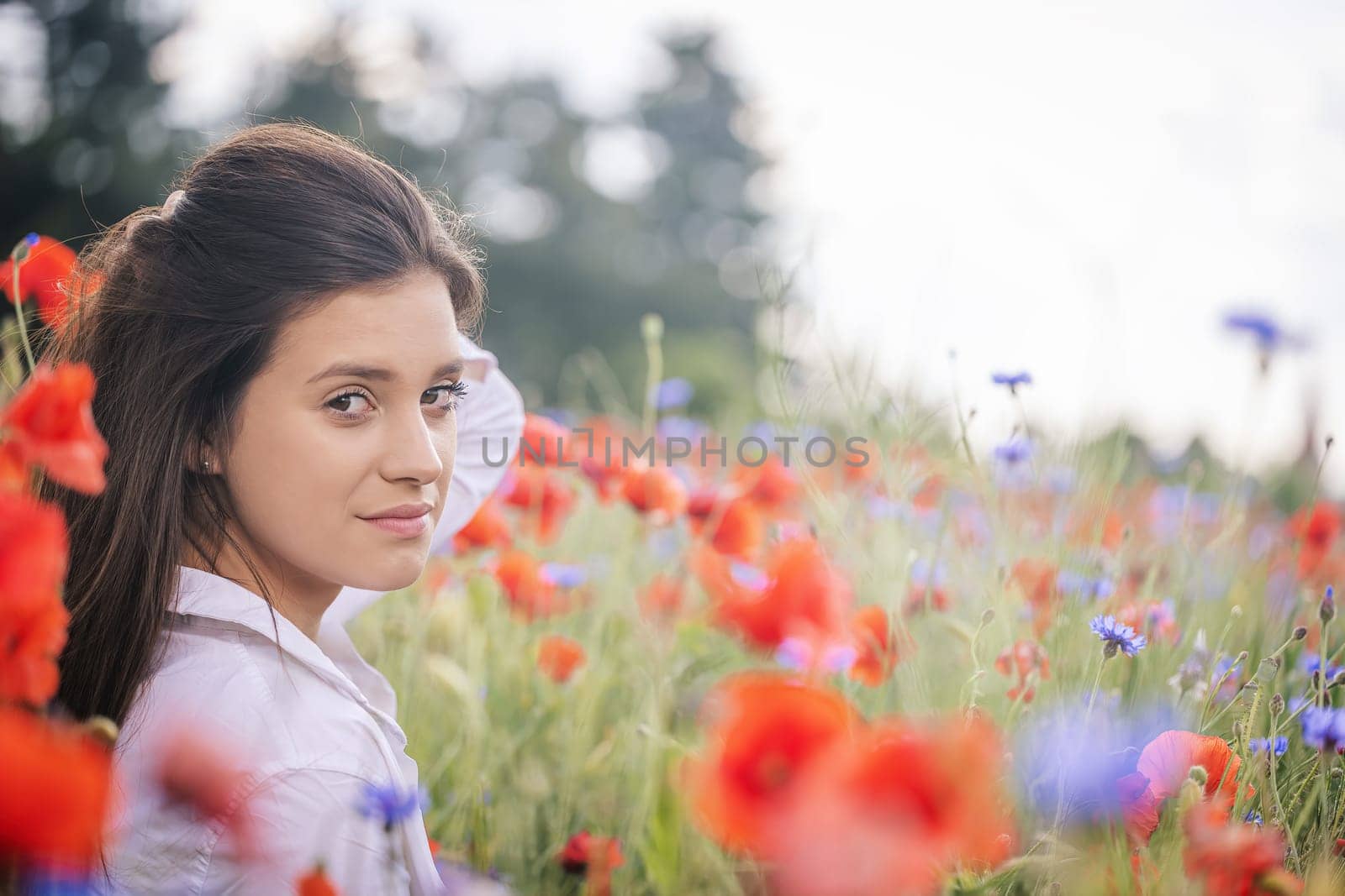 Side view of atractive brunette girl with hand in her hair posing in a red poppies field. Horizontally.