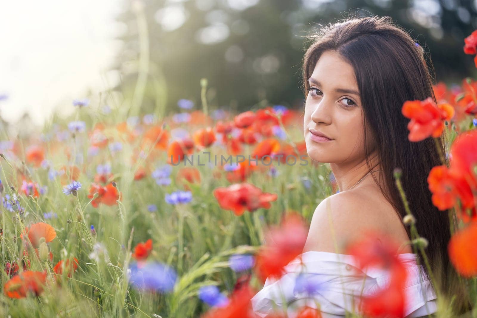 Closeup side profile view of cool brunette girl exposing her shoulder sitting in red poppies and blue cornflowers  meadow.