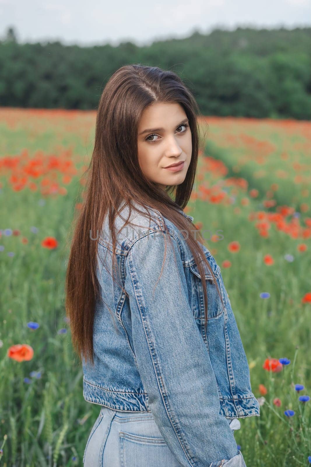 Atractive long haired  brunette girl dressed in jeans is looking at the camera over her shoulder in a field of red poppies. Vertically.