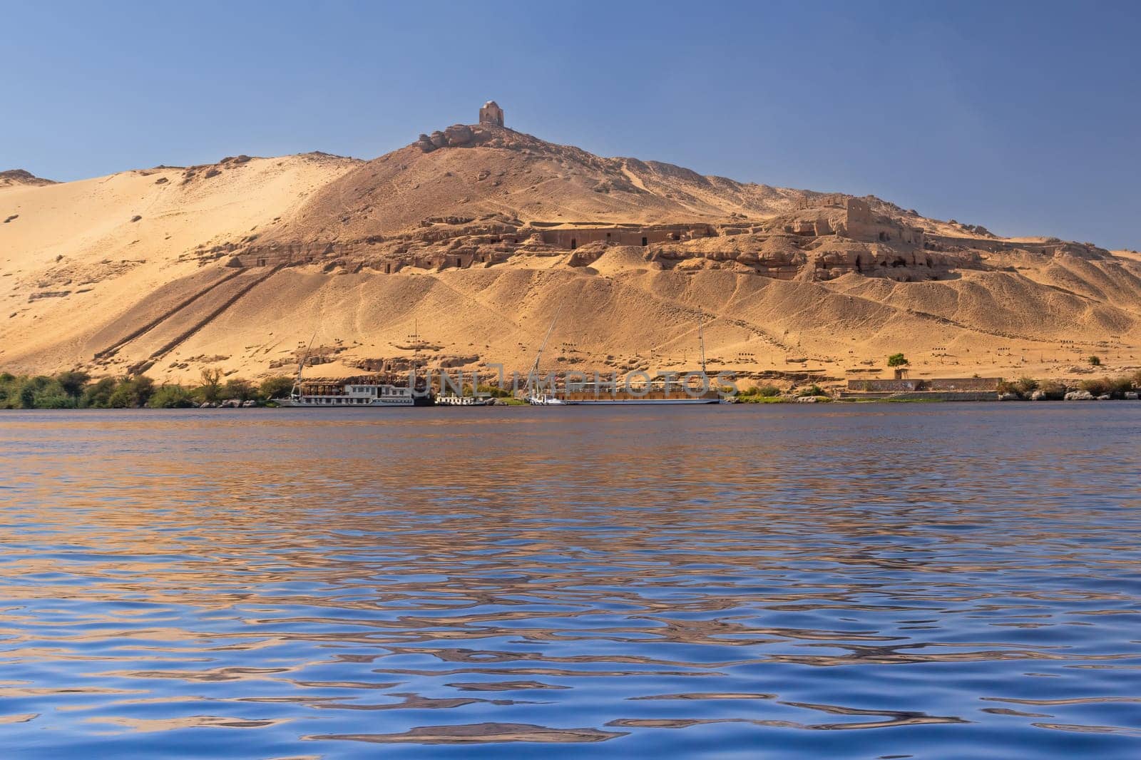 Tombs Of The Nobles Mountain and Nile River in Aswan, Egypt