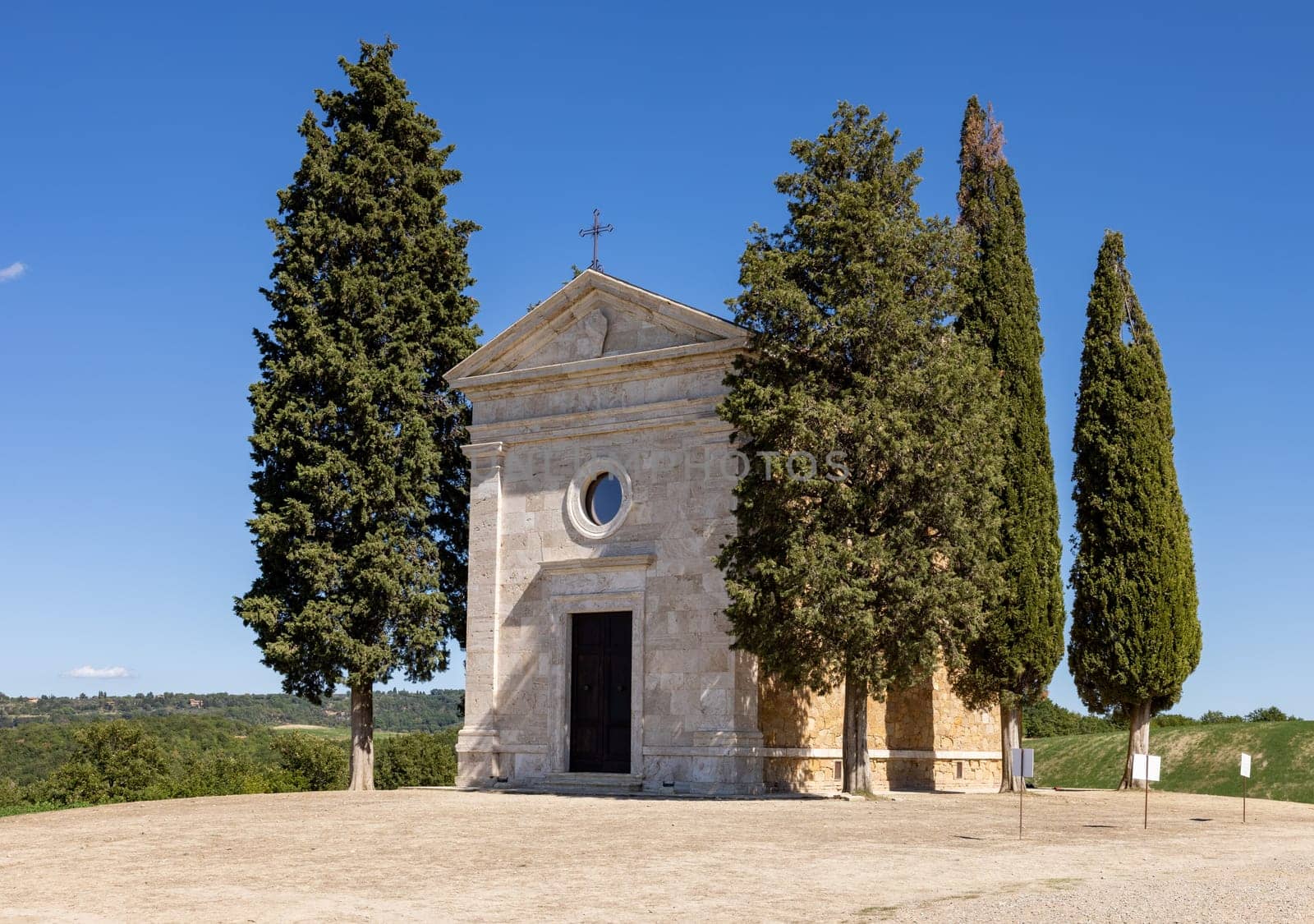 Capella Di Vitaleta in countryside between San Quirico and Pienza in Val d Orcia Tuscany. Italy