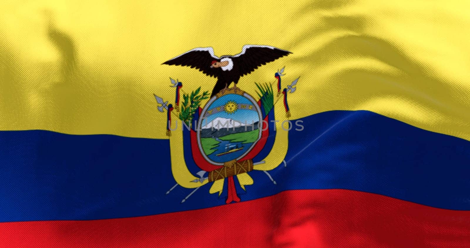 Close-up view of the Ecuador national flag waving in the wind. The Republic of Ecuador is a presidential republic of South America. 3d illustration render. Fluttering fabric