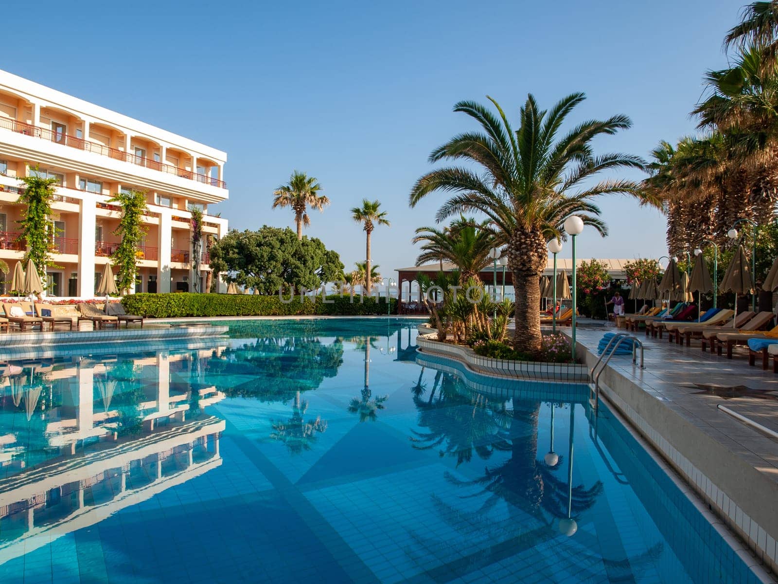 Rethymnon, Crete, Greece - Juni 15, 2022: Swimming pool at  hotel in Rethymnon on Crete, Greece