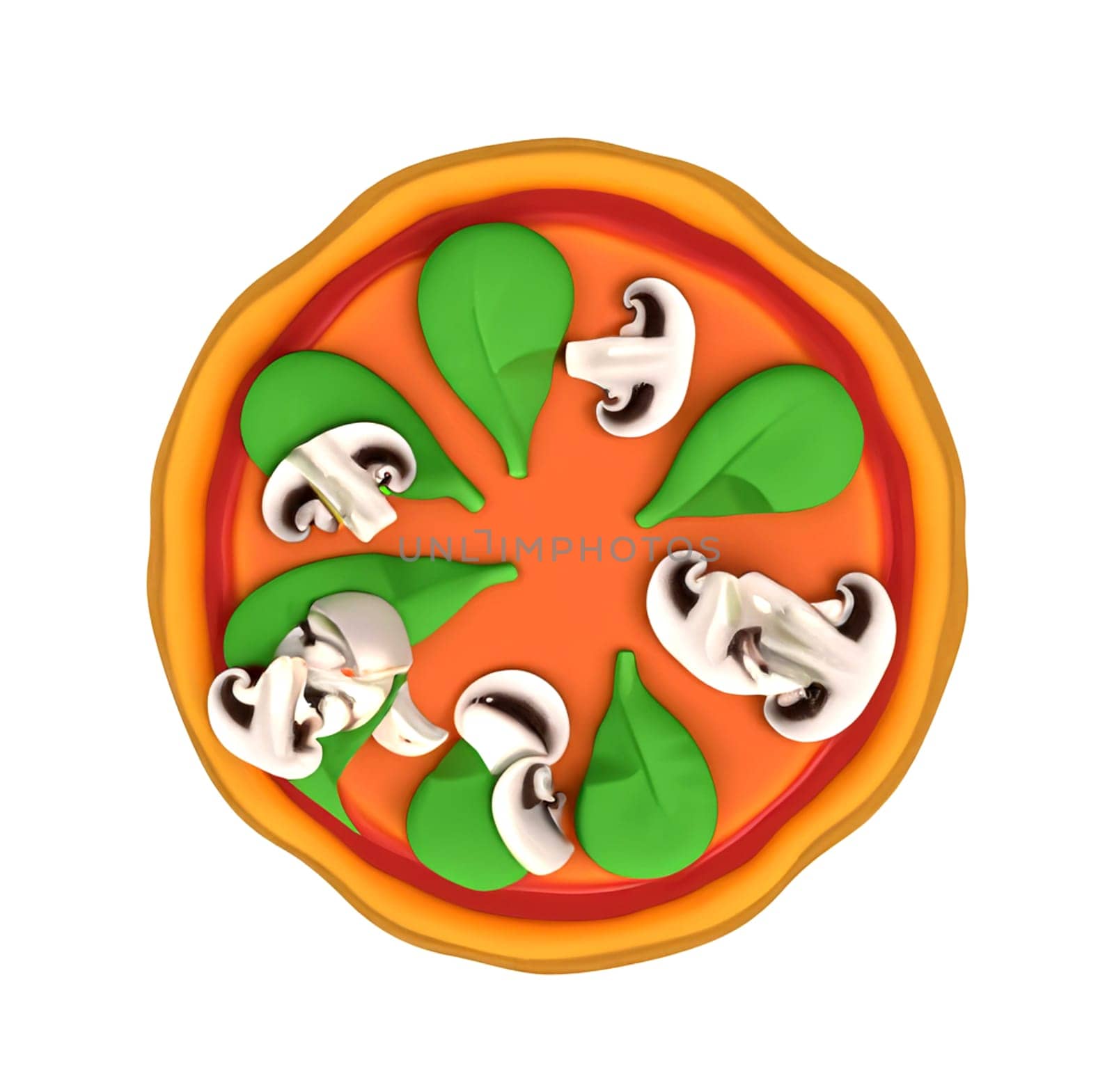 3D image of a vegetarian pizza with mushrooms isolated on a white background