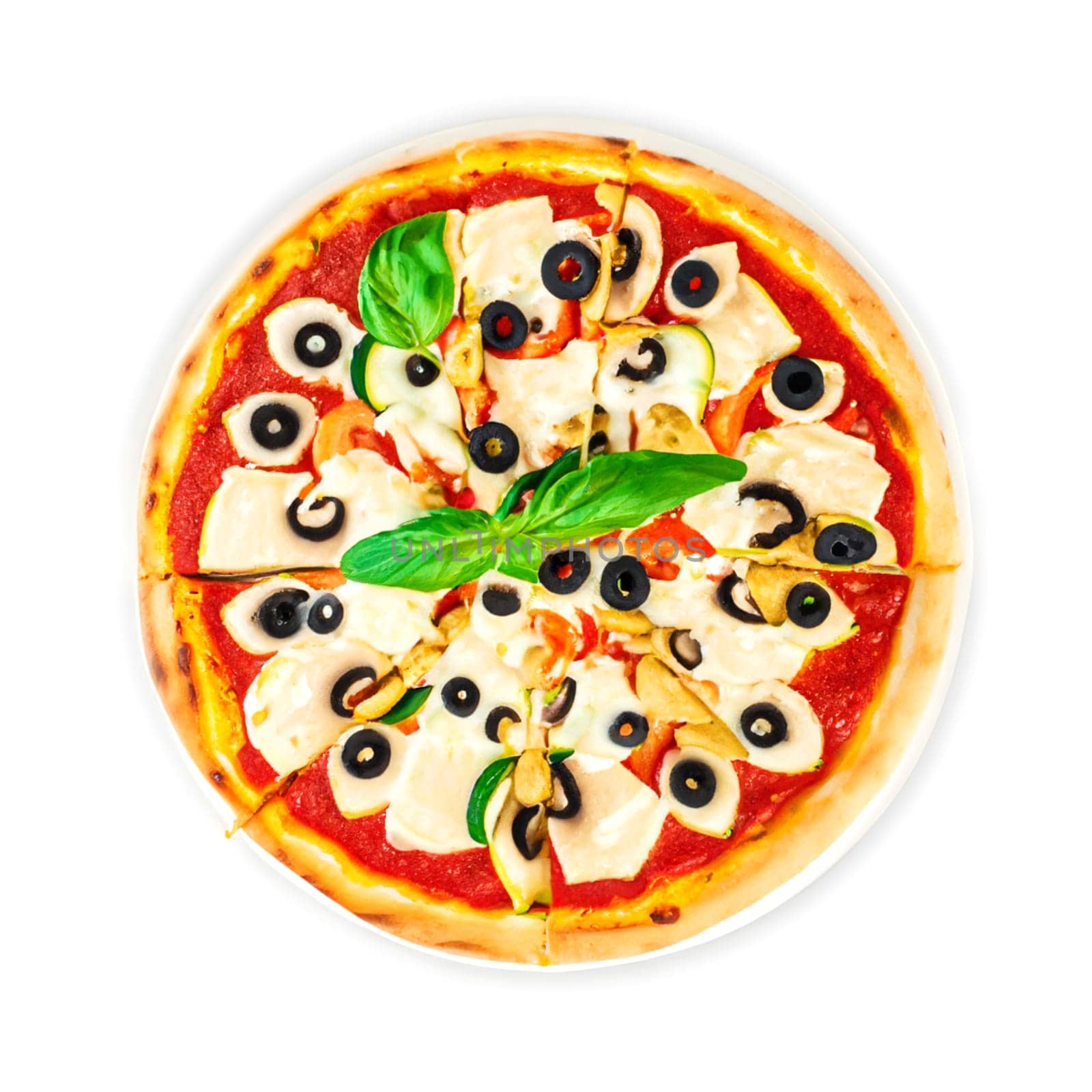 vegetarian pizza with mushrooms isolated on a white background