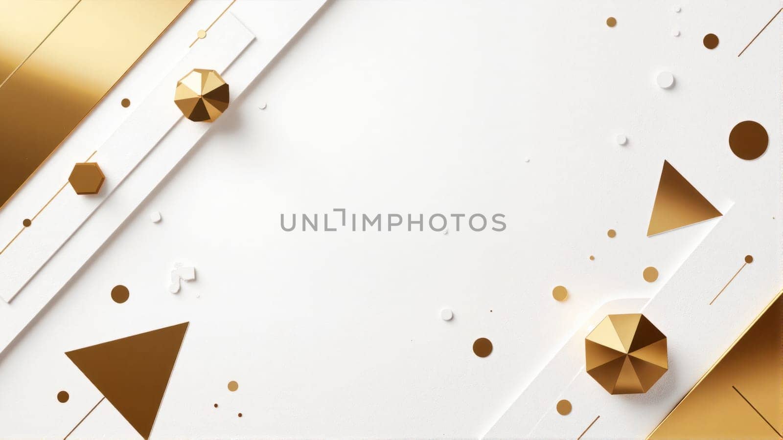A gold and white background with a lot of shapes and dots. The shapes are triangles and circles