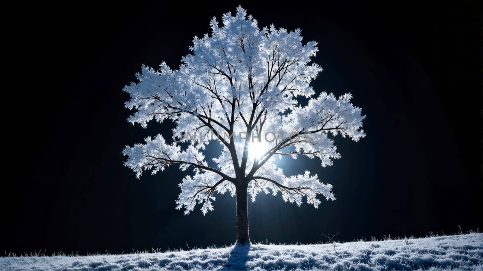 A tree is lit up by the moon and stars, creating a serene and peaceful atmosphere. The white tree stands out against the dark background, emphasizing its beauty and majesty