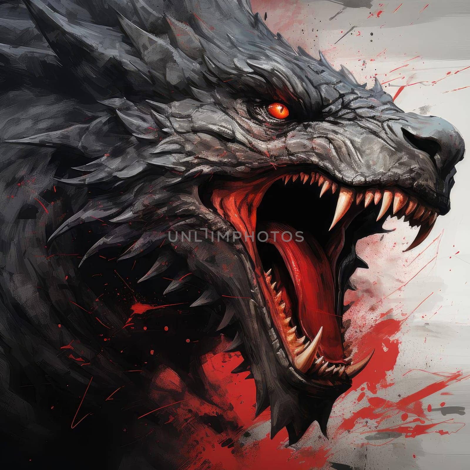 Dramatic image of a dragon with strong teeth and red spray