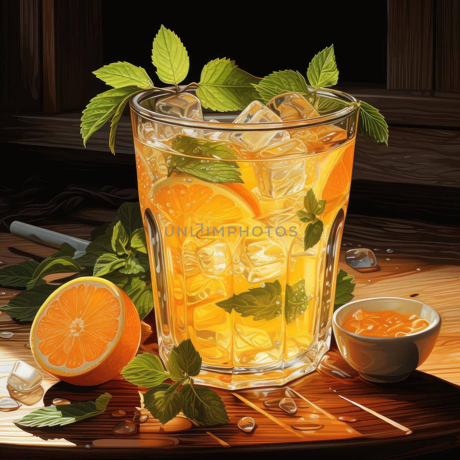 Orange drink with mint leaves and ice cubes in a cup