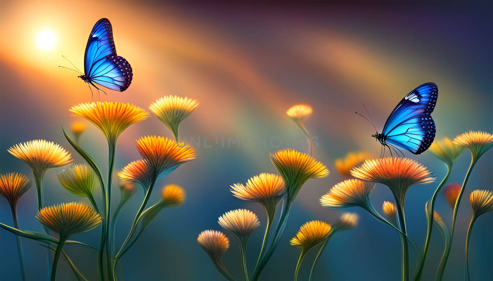 Two blue butterfiles flying next to orange flowers on green bohek background - Generative AI