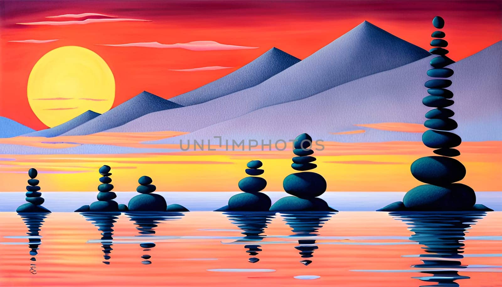 Zen stone in balance in peaceful sunset landscape - AI generated