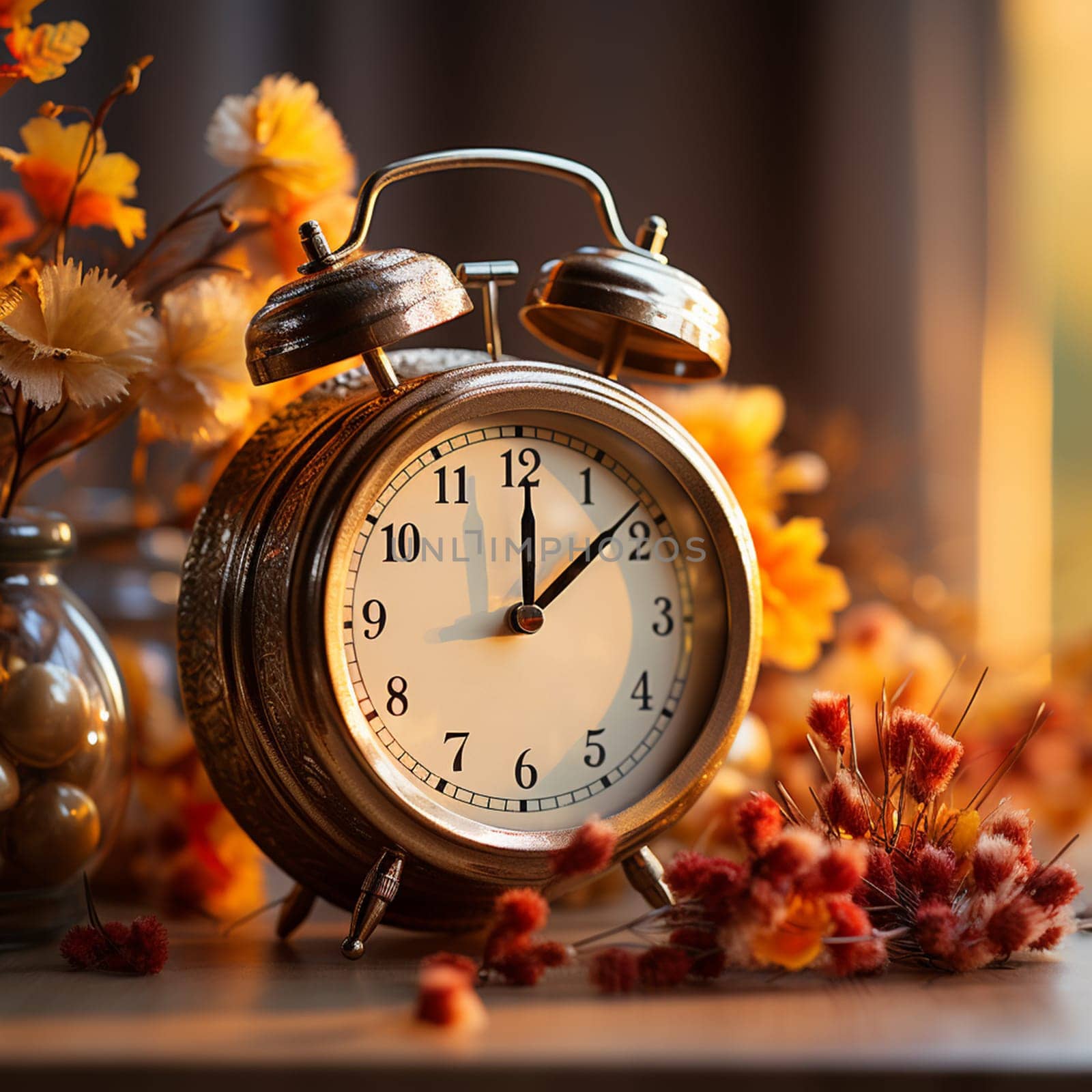Alarm clock with autumn foliage, end of daylight saving time in fall, winter time changeover, generative AI