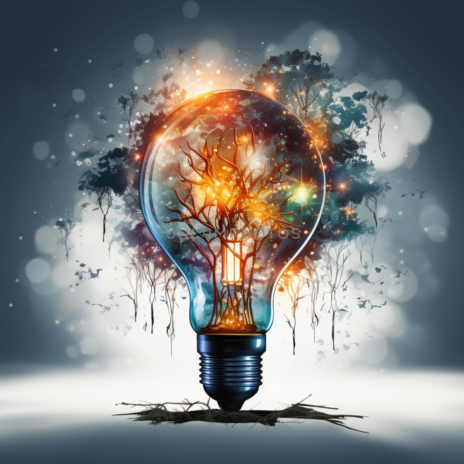 Light bulb with trees and fairy light, idea and vision concept, brainstorming for solution, innovation and imagination of the fututre, generative AI