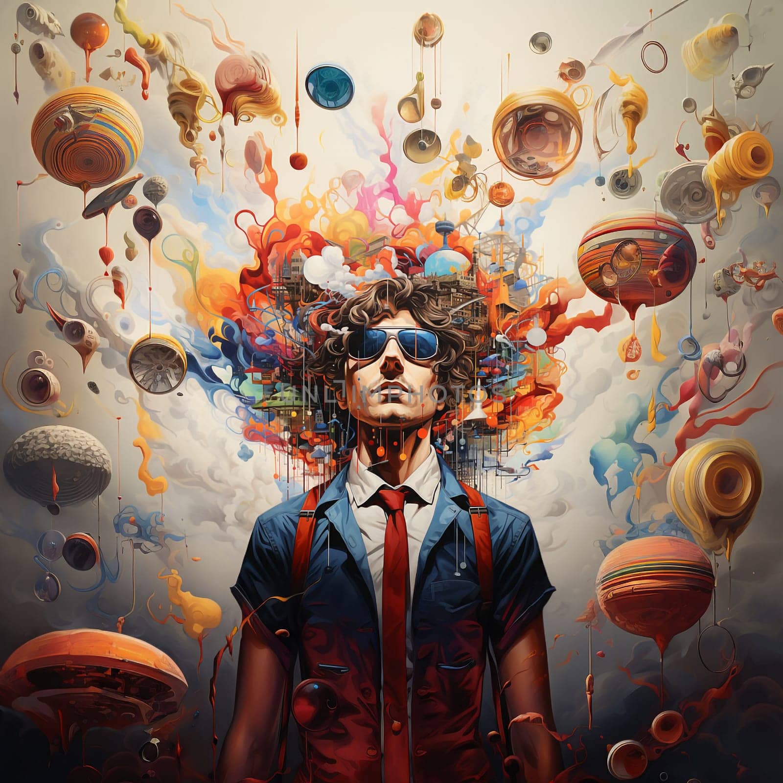 Man with creative mind, exploding brain full of ideas and imagination, dreams and emotion, inner world and spirituality, generative AI