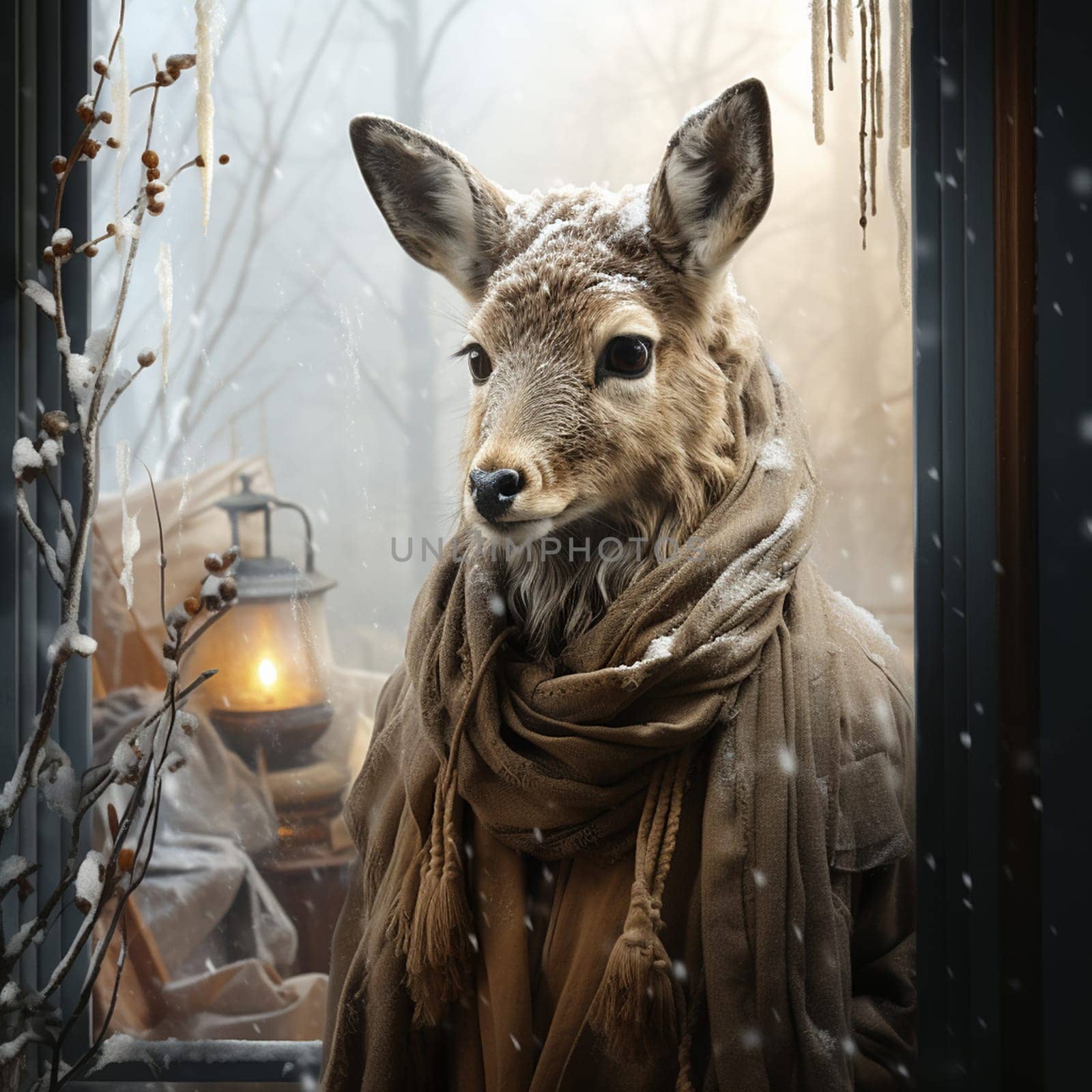 Surreal hybrid creature Elaphocentaurs half woman half deer in mythologie looking through a window, winter season with snow, christmas, generative AI