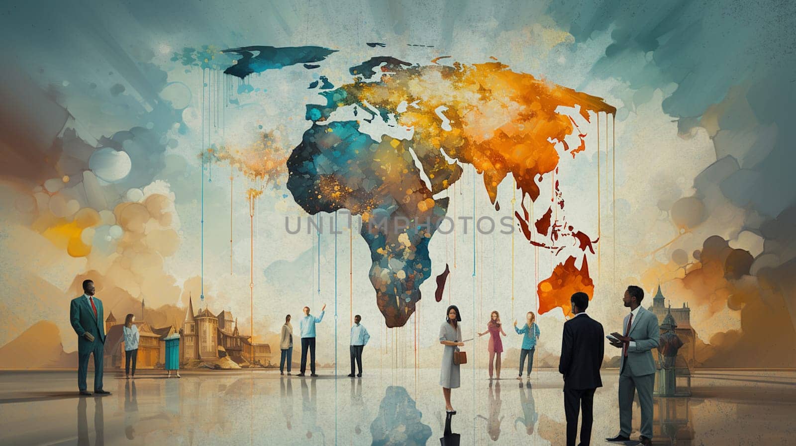 Meeting of businessmen, world map, brainstorming for ideas and environmental solution, global teamwork , generative AI