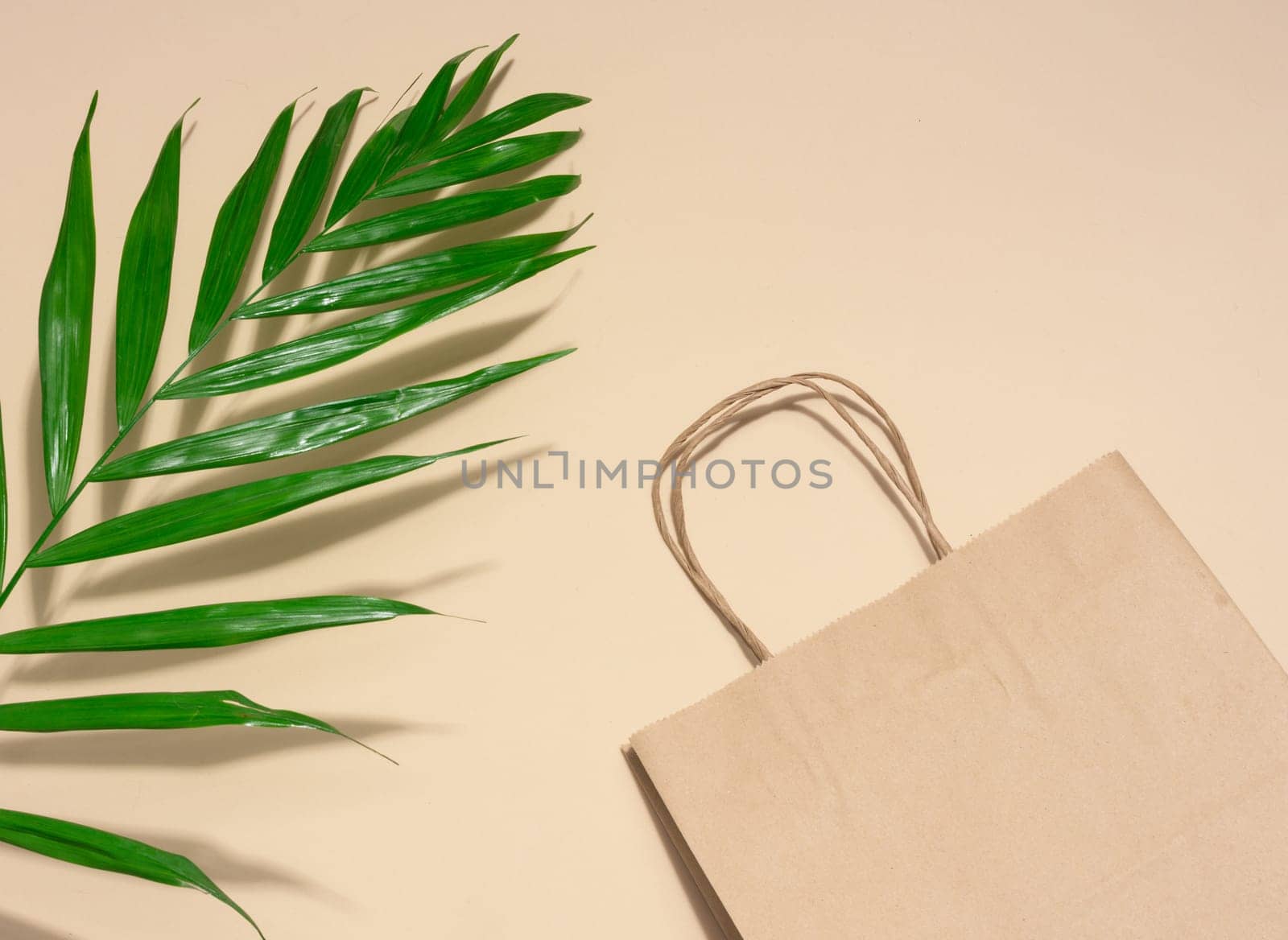 Empty disposable brown kraft paper bag with handles on beige background, eco packaging, zero waste